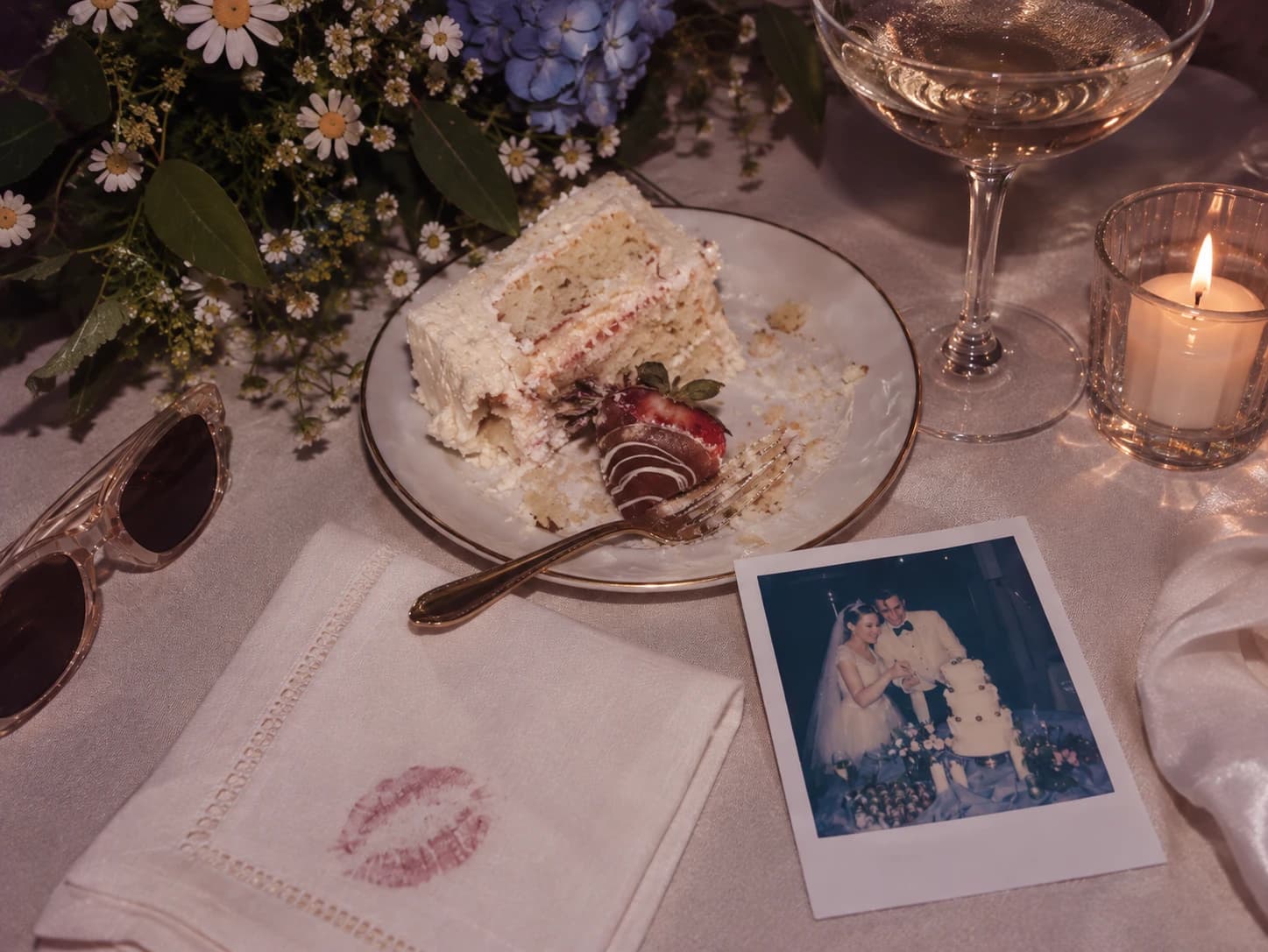 A candlelit wedding reception tablescape with cake, champagne, and a polaroid photo